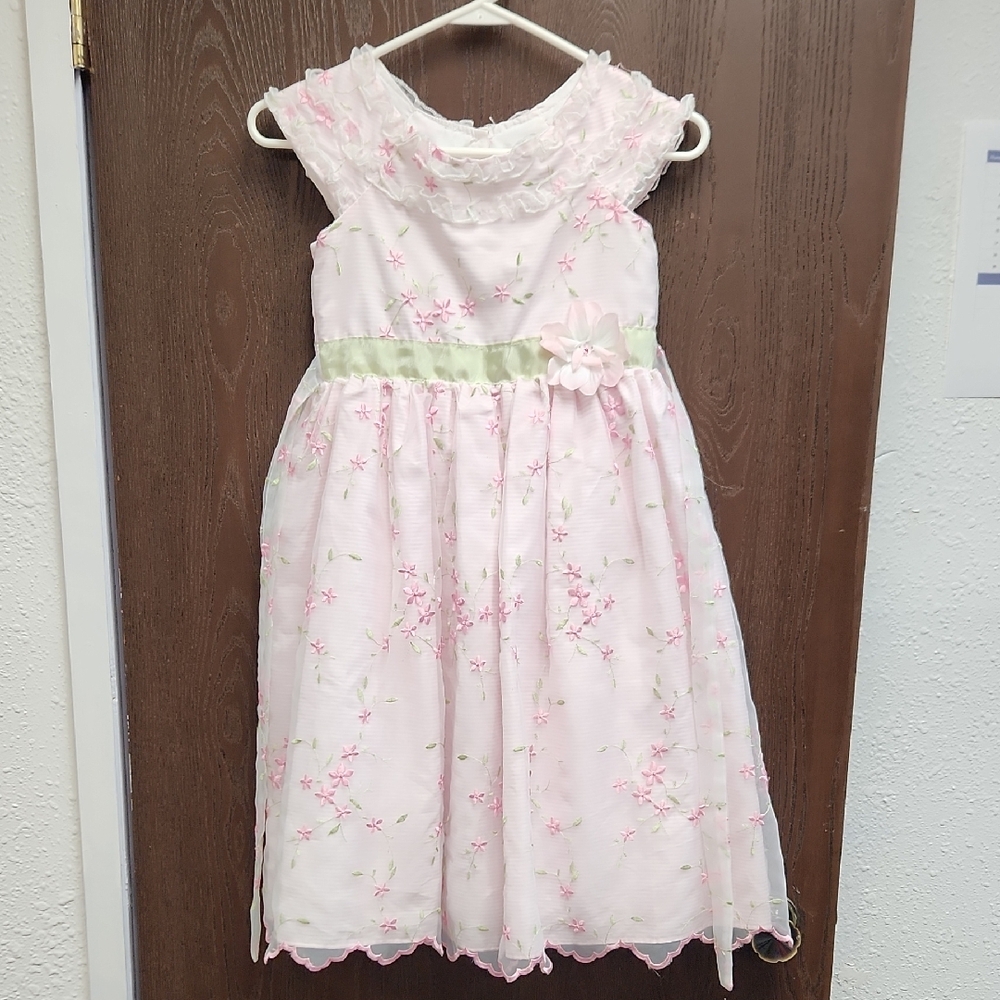 Jona Michelle Pink Floral Kids Dress with Green Accent